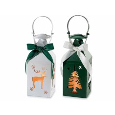 Set 2 felinare Craciun metal catifea verde alb cu led cm10x10x32.5H