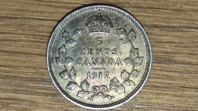 Canada - moneda de colectie argint sterling - 5 cents 1917 - George V - superb patinata ! foto