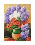 Cumpara ieftin Tablou pictat manual hol, living, dormitor, Aranjament cu liliac si maci, 50x35cm ulei pe panza