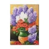 Tablou pictat manual hol, living, dormitor, Aranjament cu liliac si maci, 50x35cm ulei pe panza