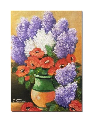 Tablou pictat manual, Aranjament cu liliac si maci, 50x35cm ulei pe panza, Constantin Feraru foto