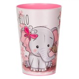 Pahar Plastic Model Elefant Cu Fluturi, Roz, Capacitate 0,34L