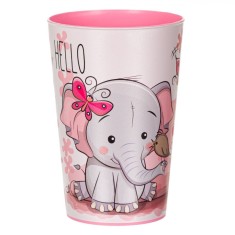 Pahar Plastic Model Elefant Cu Fluturi, Roz, Capacitate 0,34L