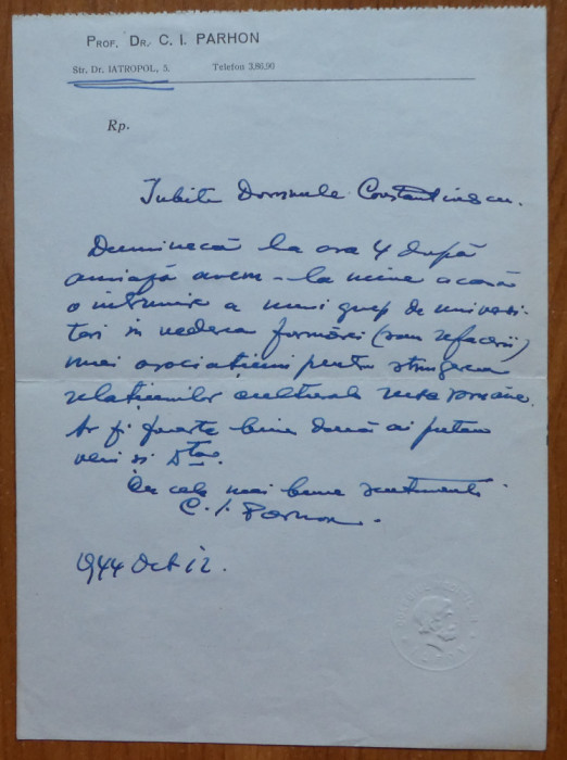 C. I. Parhon , scrisoare catre Radu Constantinescu Iasi , in plic , 1944