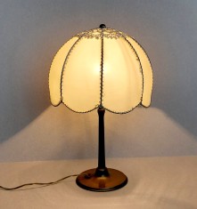 Veioza Art Deco cu picior din bronz + abajur cu 8 fatete si croset, lampa vintage functionala