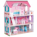 Casuta de Papusi MercaDoll din Lemn MDF, cu Iluminare LED, 3 Niveluri, 5 Camere si Terasa, 9 Piese de Mobilier, 62 x 27 x 70 cm, Oem
