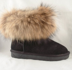 Cizme Ugguri Mini Piele Negre Fox Fur Blana Vulpe Naturala foto