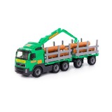 Camion trailer jucarie, incarcatura de lemne, macara extensibila, 77x19x25 cm, Oem