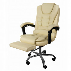 Scaun de birou, Malatec, cu suport pentru picioare, rotativ, piele ecologica, crem, 65x102/110 cm