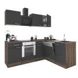Mobilier de bucătărie de colț Yorki 220, cu corp din stejar Yorki, fațade antracit cu finisaj satinat, cu element inferior pentru cuptor, fără blat de