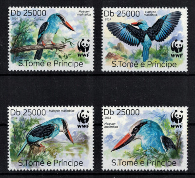 S. TOME E PRINCIPE 2014 - Fauna WWF, Pescarasul albastru /serie completa MNH foto