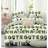 Lenjerie pat single,bumbac finet,4 piese,alba verde cu desene-A747