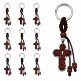 Cumpara ieftin Set 10 brelocuri religioase maro-argintiu 9.5 cm, cruci crestine 4 cm gravate pe fata, spate metalic, snur impletit cu margele din lemn, inel 2.9 cm,
