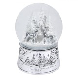 Glob Lichid Decorativ Crăciun, Muzical, Cerb și Brazi, Alb Argintiu, Diametru 10cm, &Icirc;nălțime 14cm, Oem