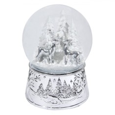 Glob Lichid Decorativ Crăciun, Muzical, Cerb și Brazi, Alb Argintiu, Diametru 10cm, &Icirc;nălțime 14cm