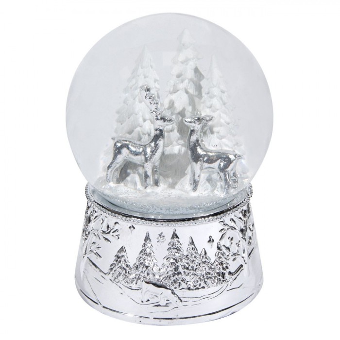Glob Lichid Decorativ Crăciun, Muzical, Cerb și Brazi, Alb Argintiu, Diametru 10cm, &Icirc;nălțime 14cm