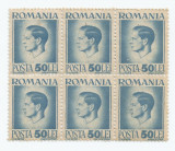 |Romania, LP 188/1945, Uzuale - Mihai I, hartie gri, bloc de 6 timbre, MNH