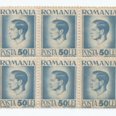 |Romania, LP 188/1945, Uzuale - Mihai I, hartie gri, bloc de 6 timbre, MNH
