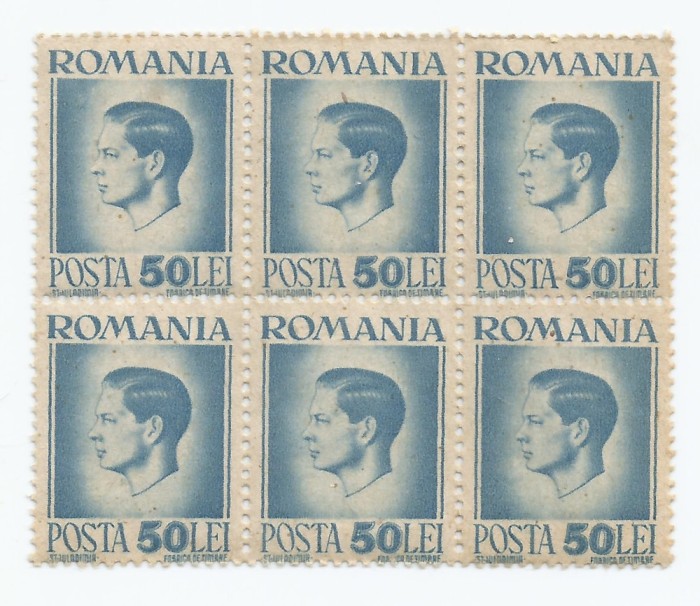 |Romania, LP 188/1945, Uzuale - Mihai I, hartie gri, bloc de 6 timbre, MNH