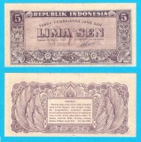 Indonezia (pick 14) 5 Sen 1945 UNC-; Prima emisiune de bancnote a Republicii Indonezia (ORI I)