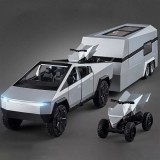 Cumpara ieftin Masinuta de jucarie Tesla Cyber Pickup Truck 1:32, tehnologie PullBack culoare: argintiu, material: metal, include ATV, rulota, 37 x 7 x 6.5 cm, piese