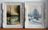 Peisaje idilice - 2 tablouri, picturi originale in ulei pe placaj, arta populara