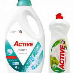 Detergent lichid pentru rufe albe Active, 6 litri, 120 spalari + Detergent de vase lichid Active, 1 litru, mar