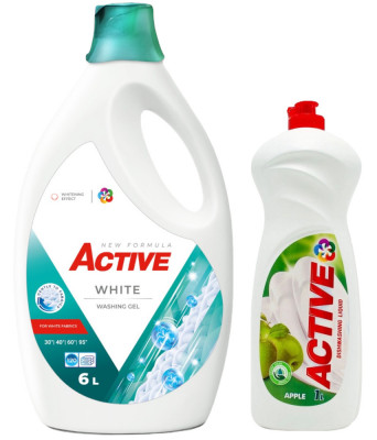 Detergent lichid pentru rufe albe Active, 6 litri, 120 spalari + Detergent de vase lichid Active, 1 litru, mar foto