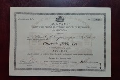 Actiune 1926 Beclean banca Minerva , institut de credit si economii , actiuni