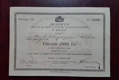 Actiune 1926 Beclean banca Minerva , institut de credit si economii , actiuni foto