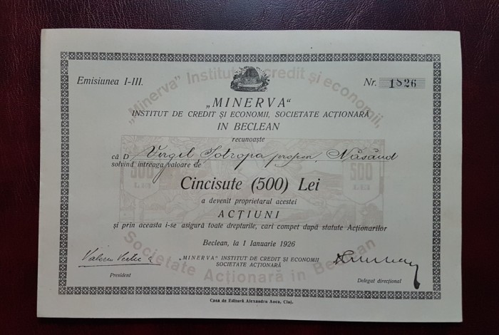 Actiune 1926 Beclean banca Minerva , institut de credit si economii , actiuni