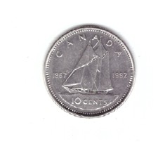 Moneda Canada 10 cents/centi 1992, aniversara 1867-1992, stare foarte buna, curata