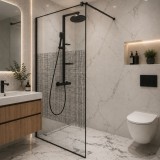 Paravan dus Walk-In 90x195cm, Sticla cu print, Securizata, 8 mm, Profil metalic rezistent 4.5mm, Negru