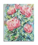 Tablou bujori roz intens impasto pictat manual, 50x40cm acril pe panza in relief efect 3D, Kenny Varniote
