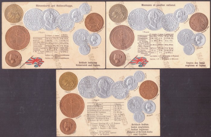 4172 - CEYLON, Carti Postale EMBOSATE cu monede - 3 buc. diferite