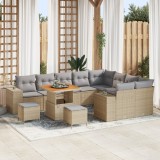 Set de canapea pentru grădină vidaXL cu 12 piese, bej, ratan poli, acacia, Set de dining pentru grădină vidaXL cu 3 piese, bej, ratan poli, acacia