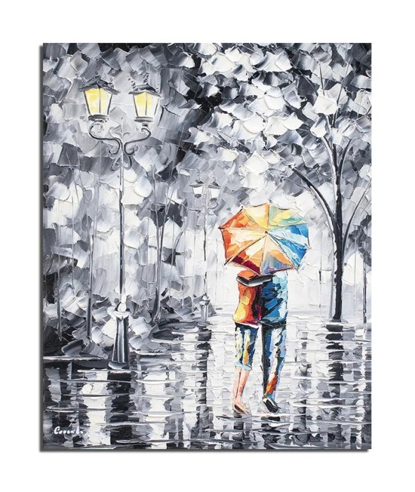 Tablou indragostiti pictat manual, Eu si cu tine sub umbrela mea, 50x40cm ulei in cutit efect 3D,