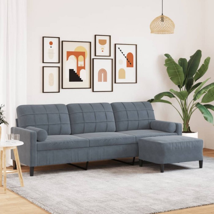 vidaXL Canapea cu 3 locuri și taburet, gri &icirc;nchis, 210 cm, catifea 3278278