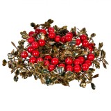 Inel Decorativ Crăciun, Fructe Roșii, 14cm, Gliter Auriu, pentru Lum&acirc;nări
