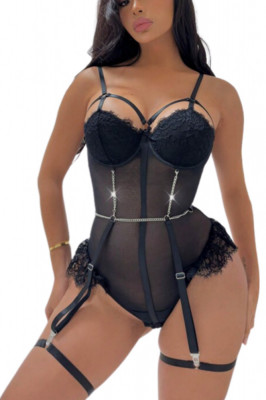 Body Neglijeu Sexy Erotic cu Dantela Contrastanta si Lanturi, negru, S foto