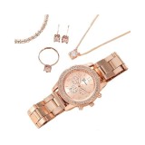 Cumpara ieftin Set accesorii dama rose gold, ceas quartz 36 mm, bratara 20 cm, cercei, lantisor cu pandantiv, inel zirconia si cutie cadou, pentru tinute elegante