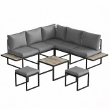 Outsunny Set mobilier grădină exterior 6 persoane modulabil masă de cafea și blaturi laterale din lemn PSPC perne groase 10cm gri | Aosom Romania