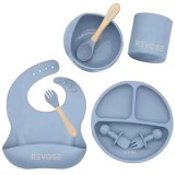 Set Complet Diversificare din Silicon REVOSE&trade;, Farfurie cu Tacamuri, Bavetica, Cana-Pahar, Bol cu Lingura si Furculita, Dusty Blue