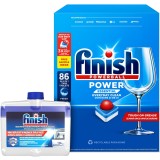 Pachet detergent capsule pentru masina de spalat vase Finish Power Essential, 86 tablete + Solutie de curatare Finish, 250 ml