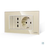 Cumpara ieftin Intrerupator Dublu Cap Scara + Priza Ingusta + Priza Schuko cu Rama din Sticla LUXION, Standard Italian, 4M SmartElectro IntelligentHouse