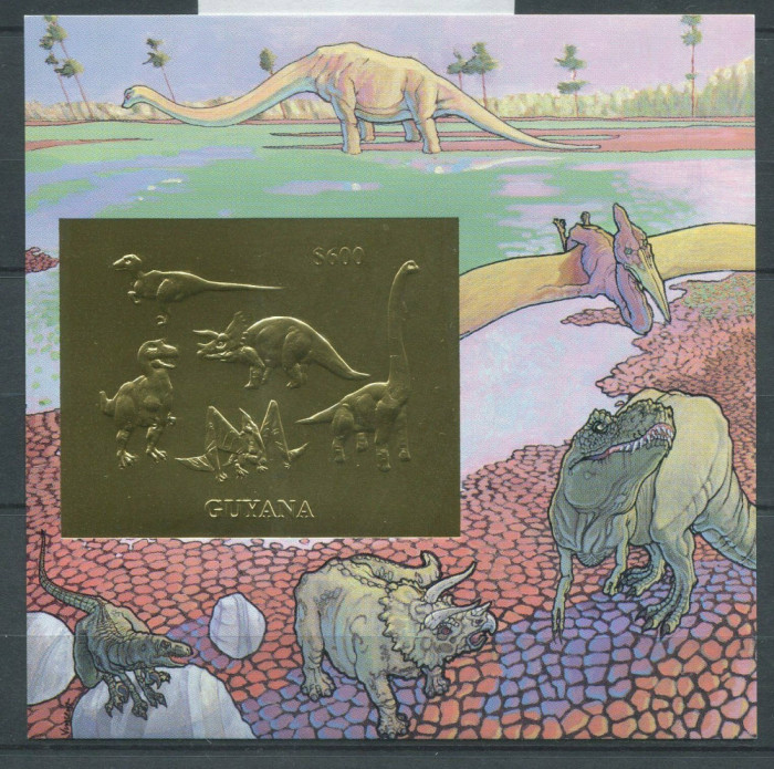 GUYANA 1993 ANIMALE PREISTORICE DINOZAURI GOLD FOIL MICHEL 50 EURO