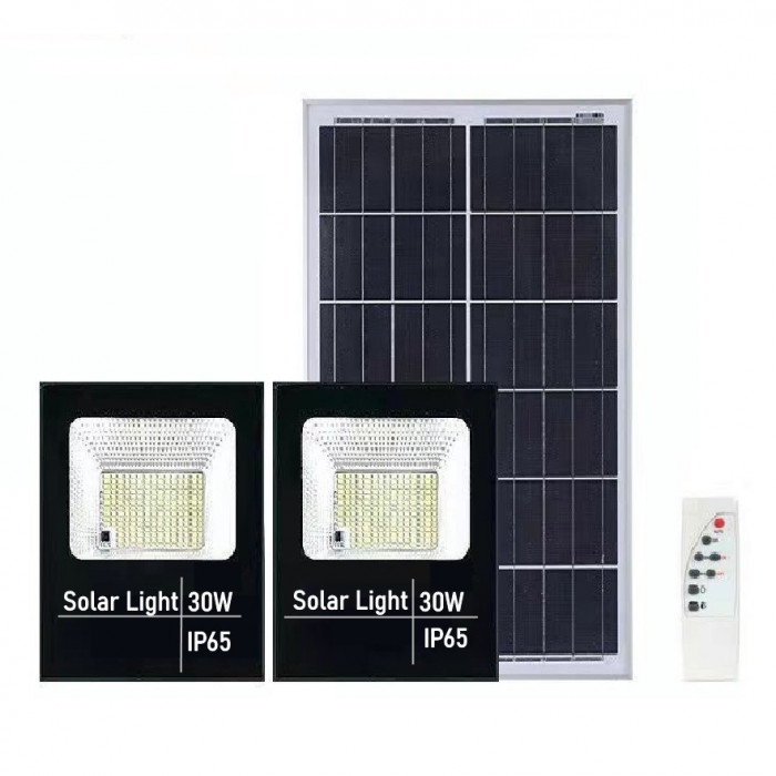 Set 2 proiectoare LED SMD 30W cu incarcare solara Flippy, panou solar, cu telecomanda, suport prindere, material ABS, 1.2AH, 200LED-uri, 13x13.5 cm, n