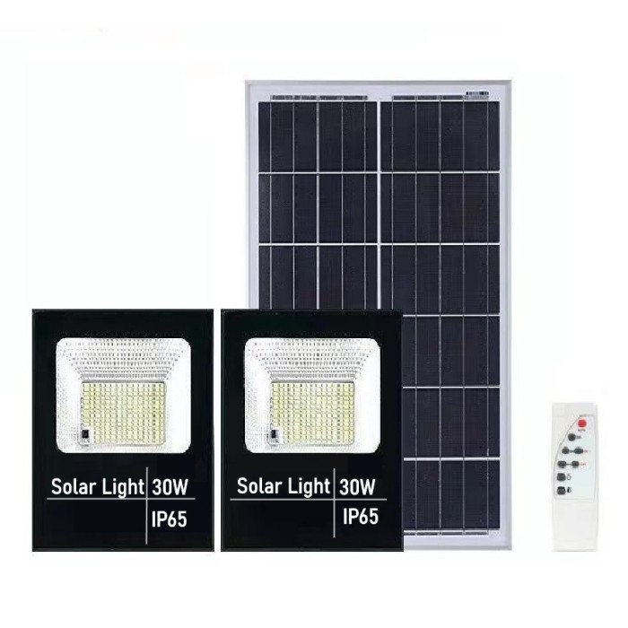 Set 2 proiectoare led smd 30w cu incarcare solara flippy, panou solar, cu telecomanda, suport prindere, material abs, 1.2ah, 200led-uri, 13x13.5 cm, n