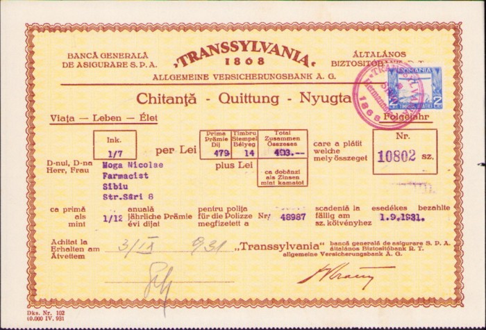 HST A991 Chitanță Asigurări Transsylvania 1931