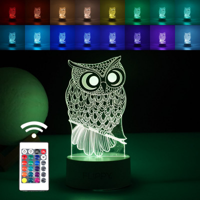Lampa led decorativa, flippy, 3d, bufnita, cu usb si baterii, 20 cm inaltime, din material acril, lumina multicolora si telecomanda inclusa, alb foto